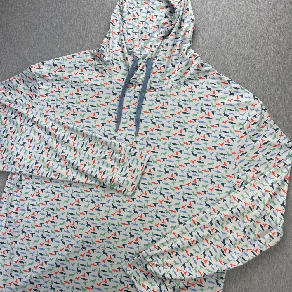 BURLEBO Hoodie Mens Large White Lightweight Performance Sun Shirt Fish Deer Duck